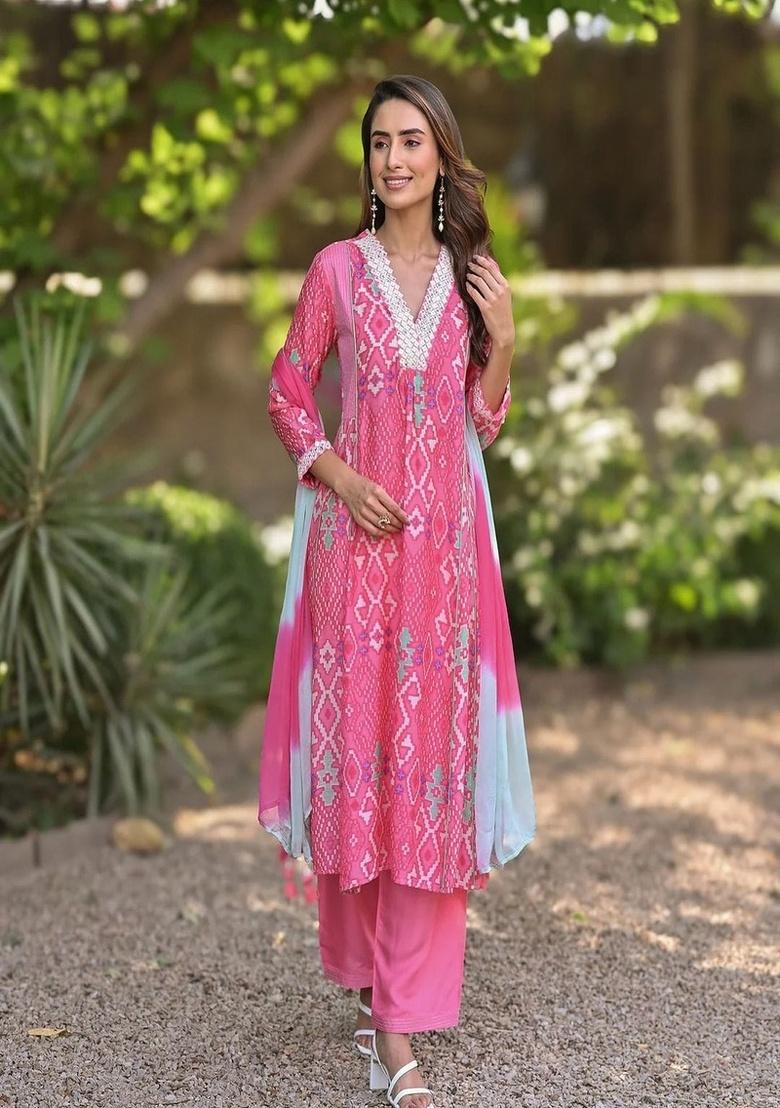 Pink Embroidery Cotton Kurta Set - Indya
