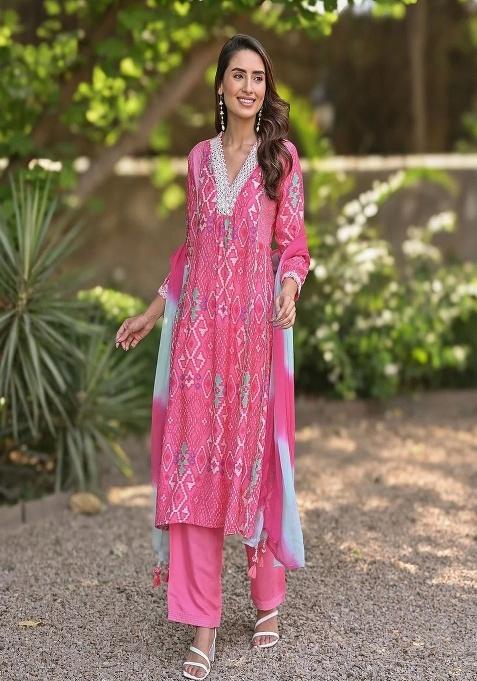 Pink Embroidery Cotton Kurta Set