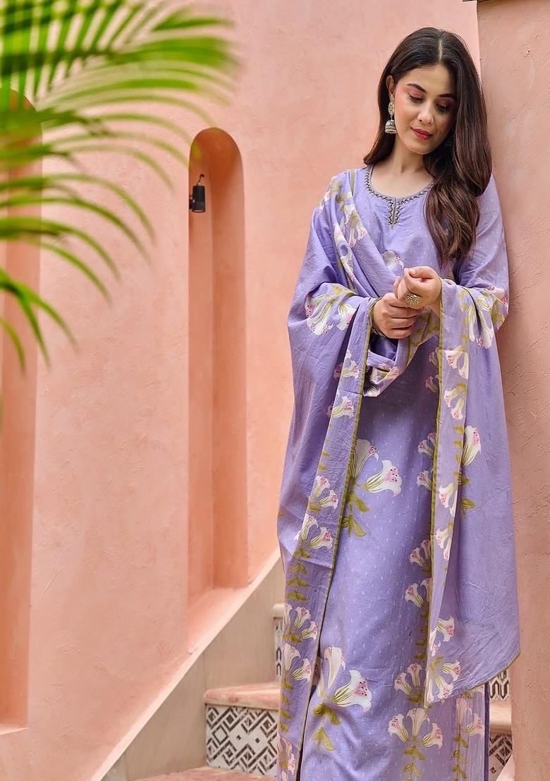 Purple Embroidery Cotton Kurta Set - Indya