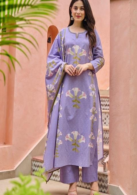 Purple Embroidery Cotton Kurta Set