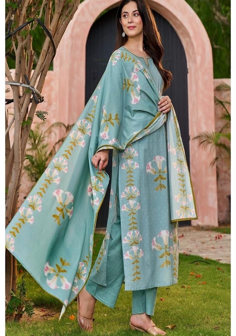 Blue Embroidery Cotton Kurta Set - Indya