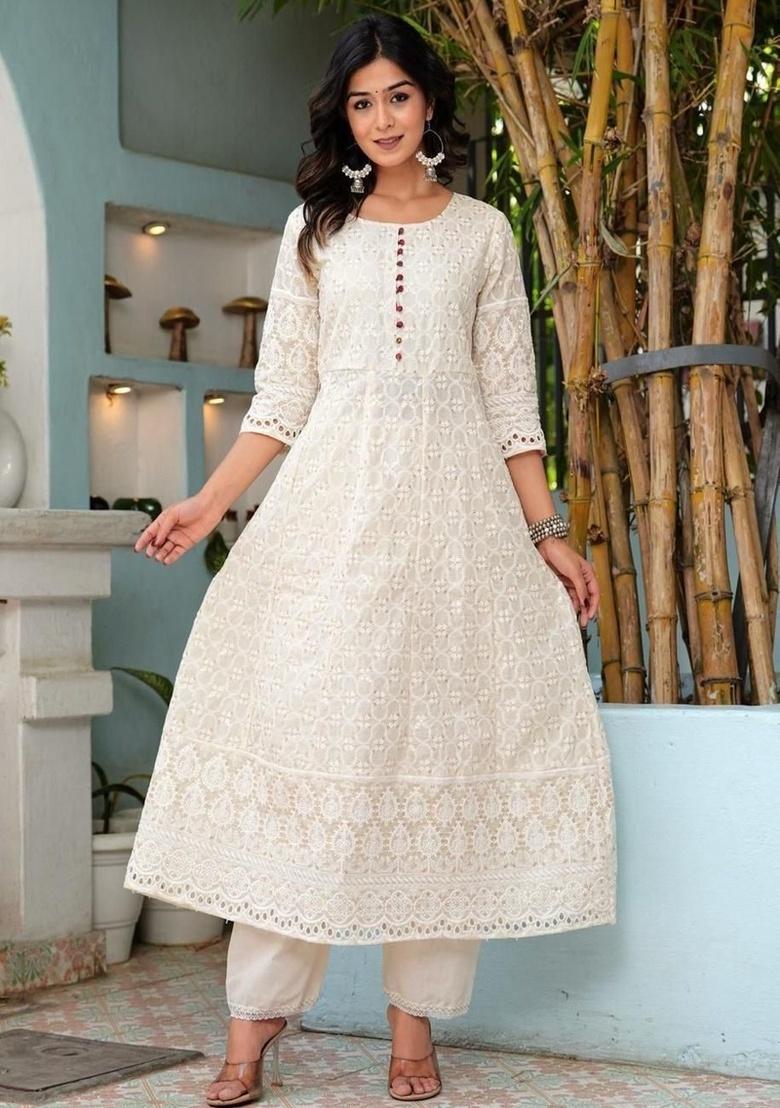 White Embroidery Cotton Kurta Set - Indya