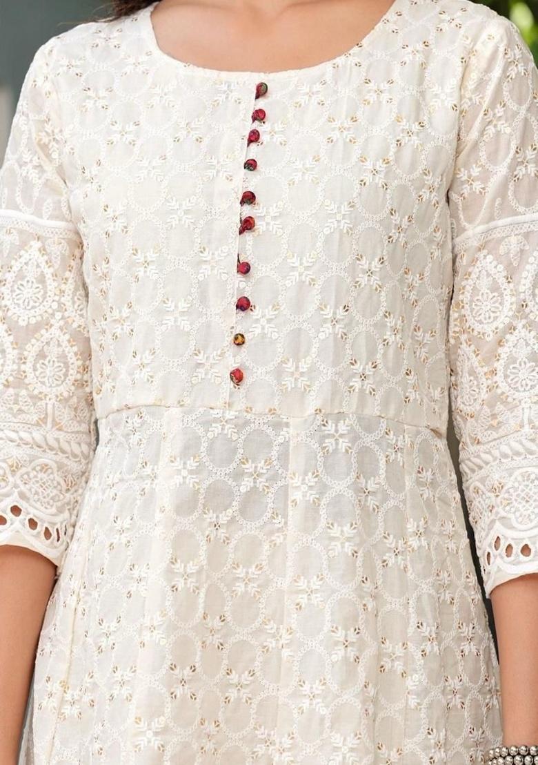 White Embroidery Cotton Kurta Set - Indya