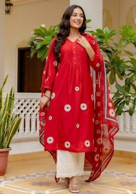 Red Embroidery Cotton Kurta Set