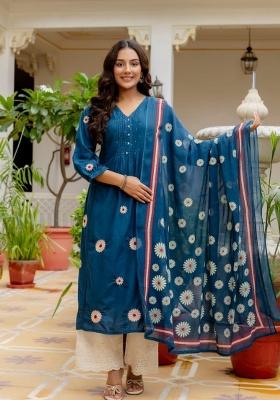 Blue Embroidery Cotton Kurta Set