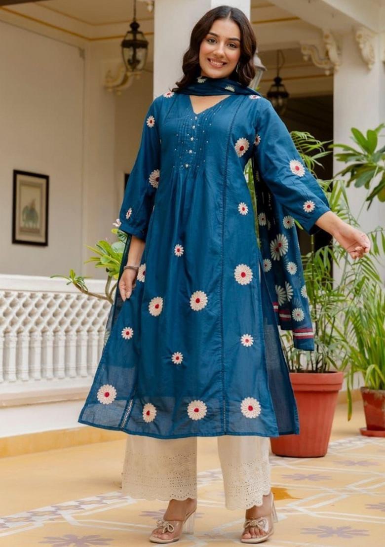 Blue Embroidery Cotton Kurta Set - Indya