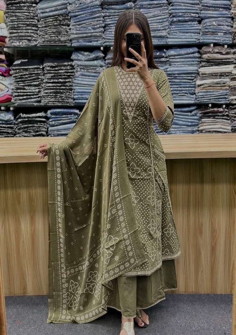 Green Printed Cotton A Line Kurta Set - Indya