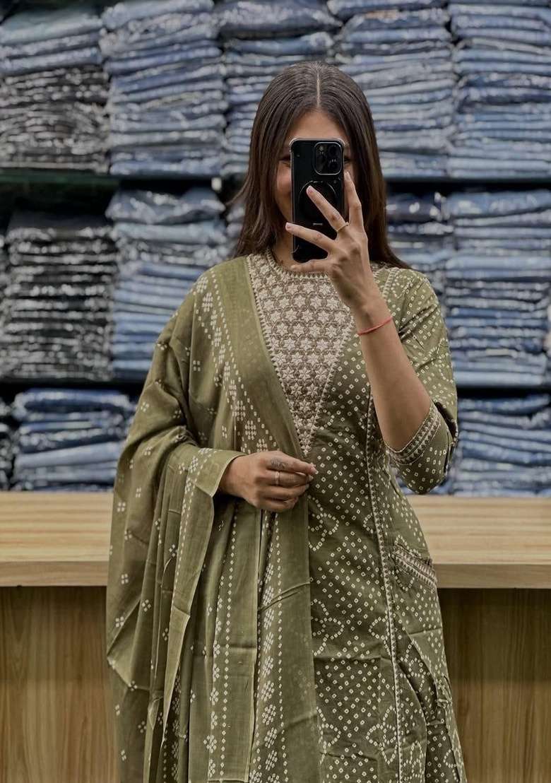 Green Printed Cotton A Line Kurta Set - Indya