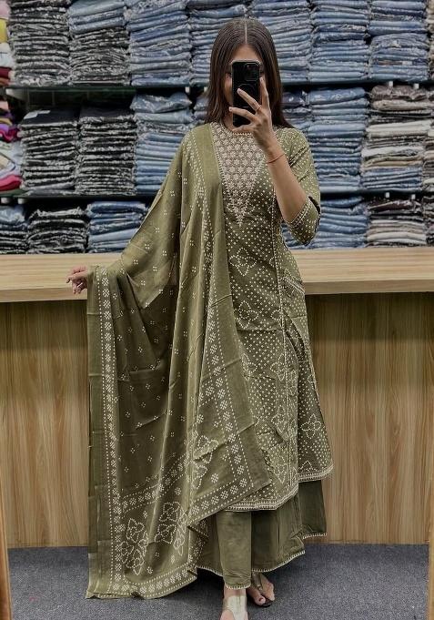 Green Embroidery Cotton Kurta Set