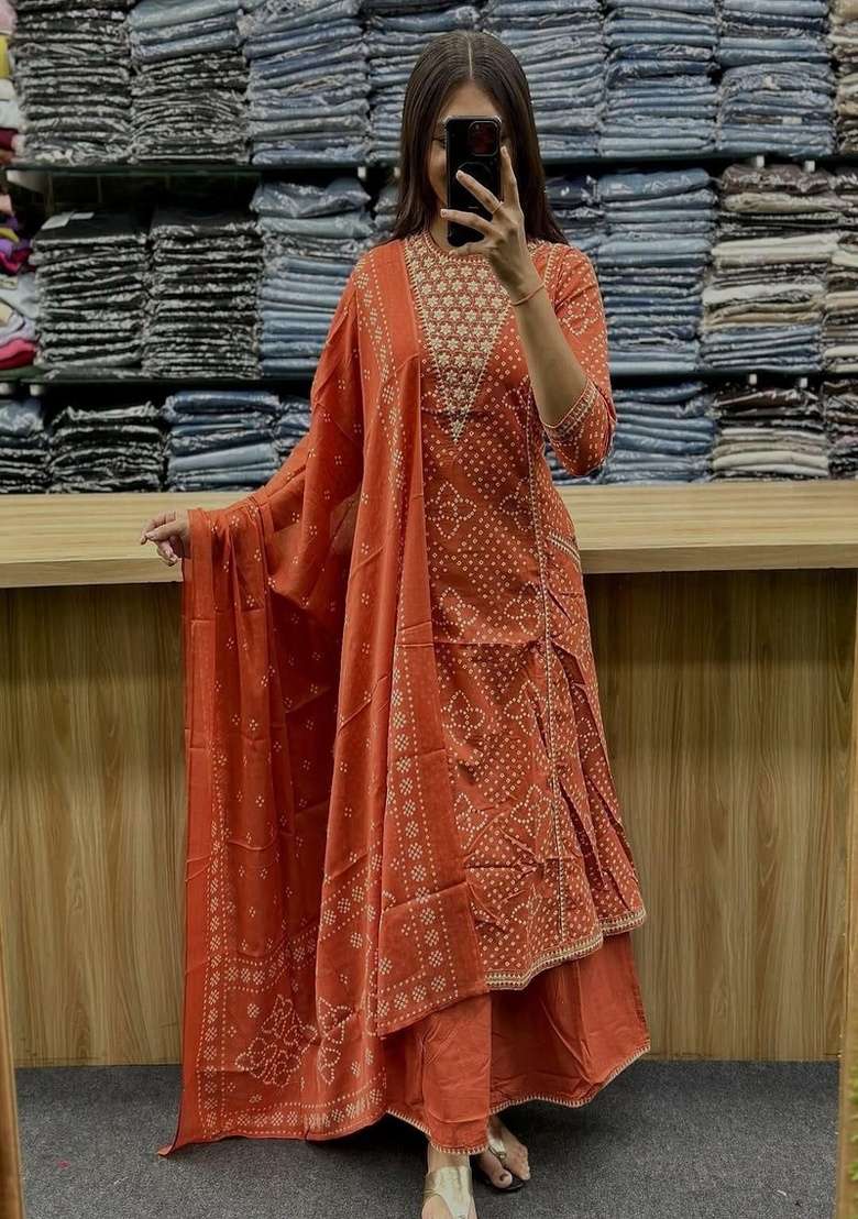 Orange Printed Cotton A Line Kurta Set - Indya