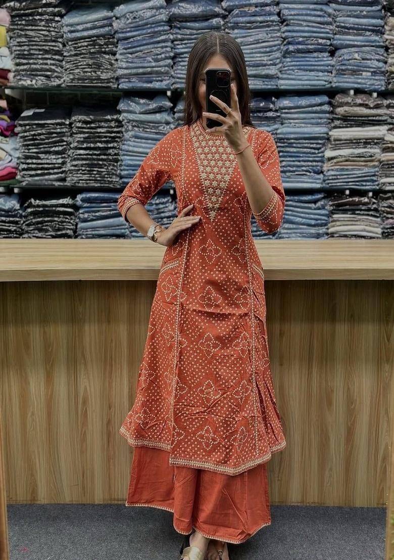 Orange Embroidery Cotton Kurta Set - Indya