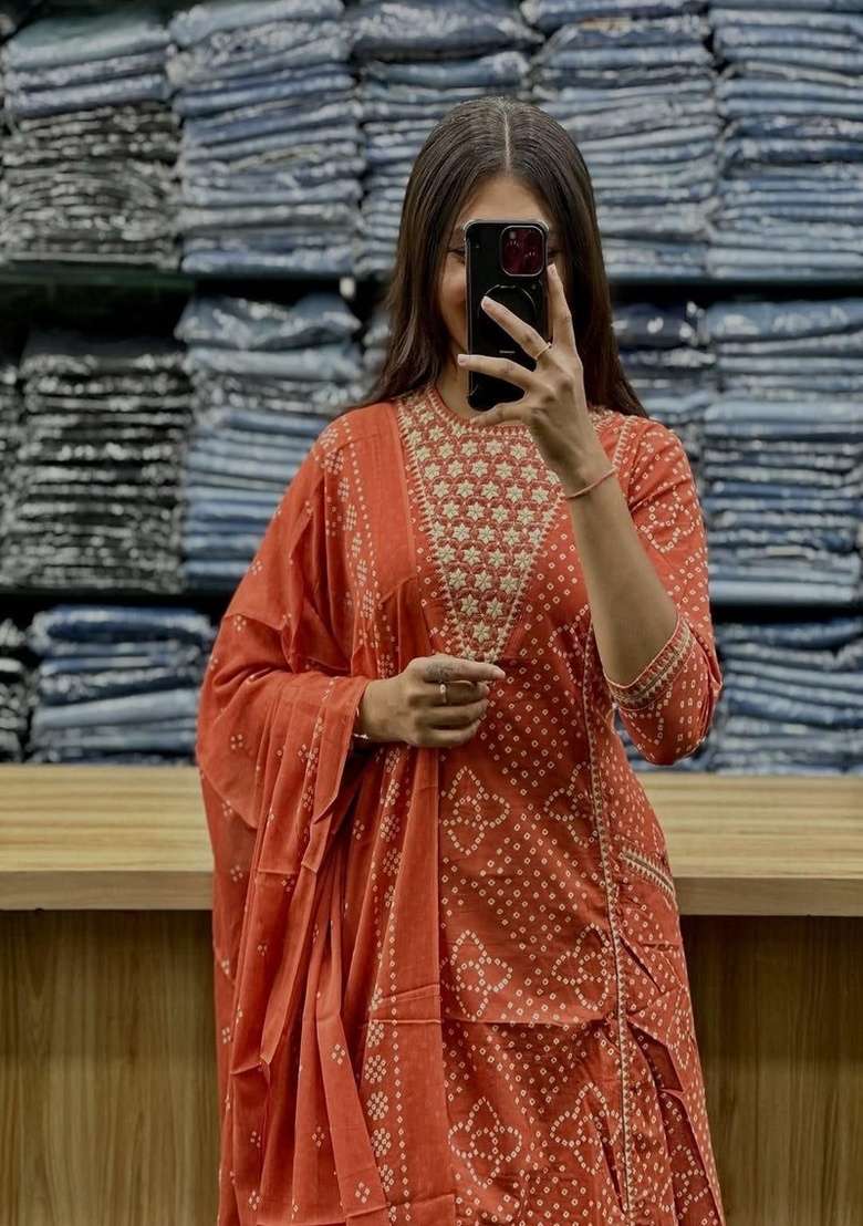 Orange Printed Cotton A Line Kurta Set - Indya