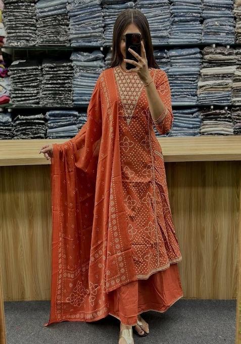 Orange Printed Cotton A Line Kurta Set