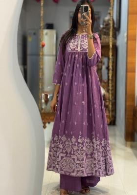 Purple Embroidery Cotton Kurta Set
