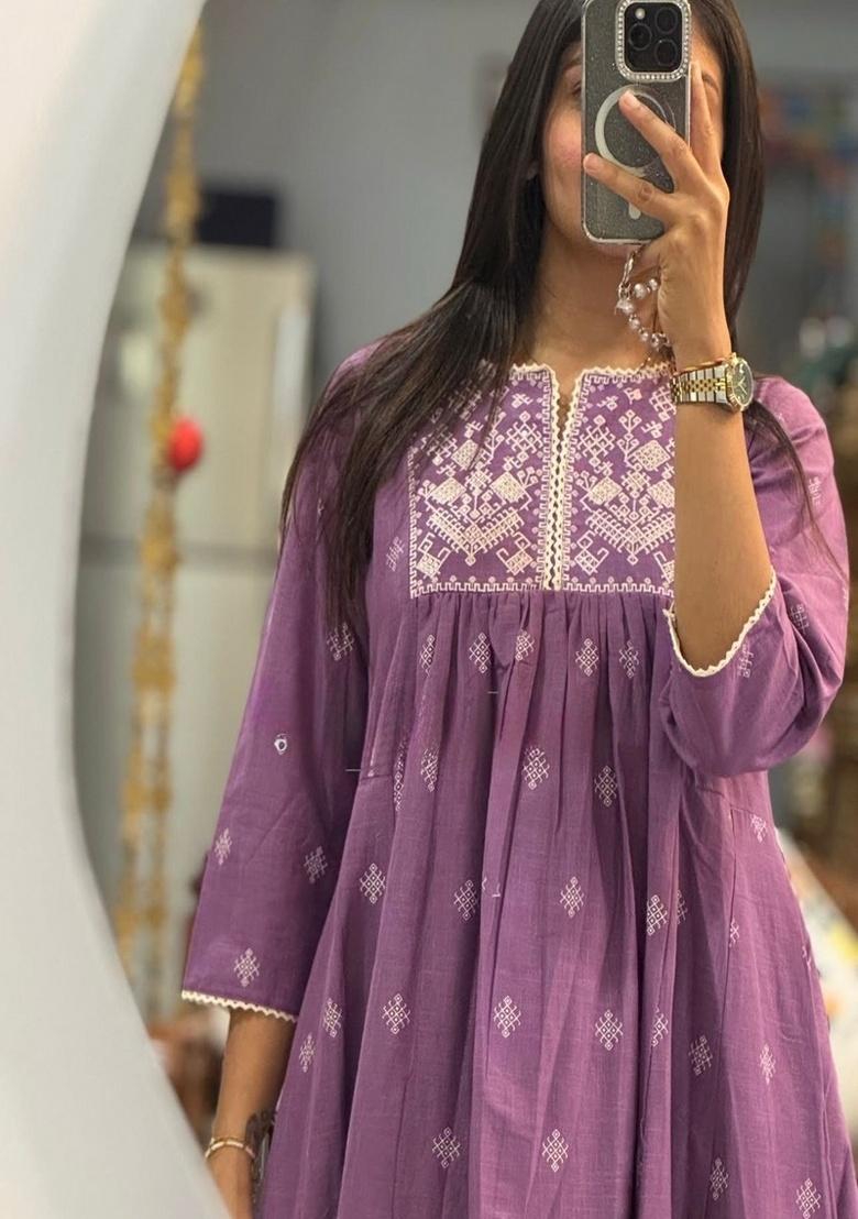 Purple Embroidery Cotton Kurta Set - Indya