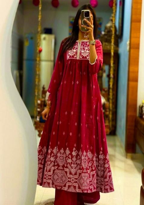 Red Embroidery Cotton Kurta Set