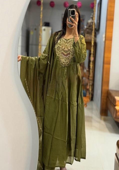Green Embroidery Cotton Kurta Set