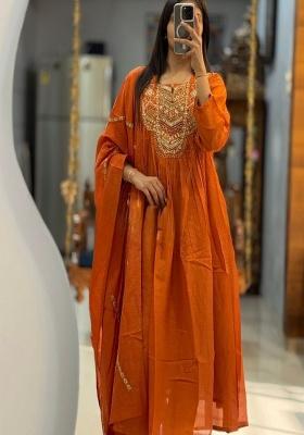Orange Embroidery Cotton Kurta Set