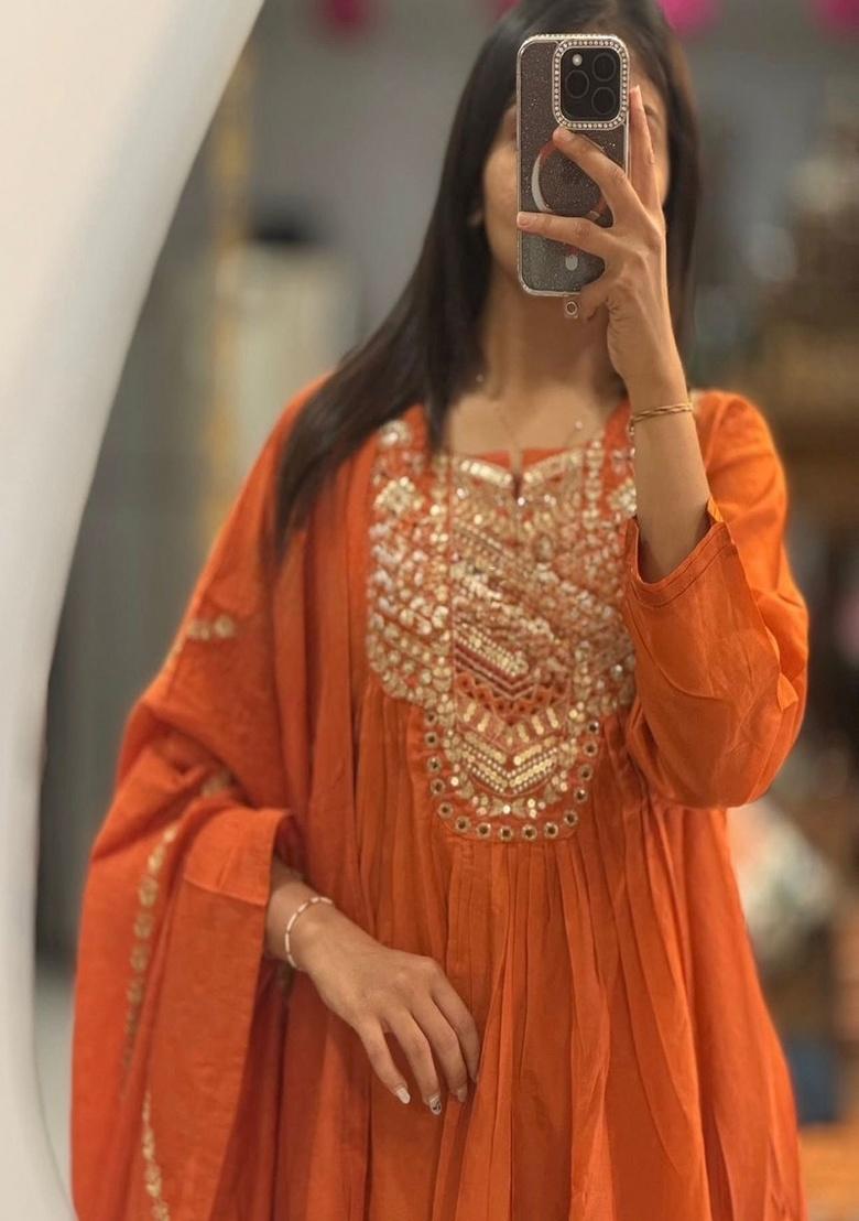 Orange Embroidery Cotton Kurta Set - Indya