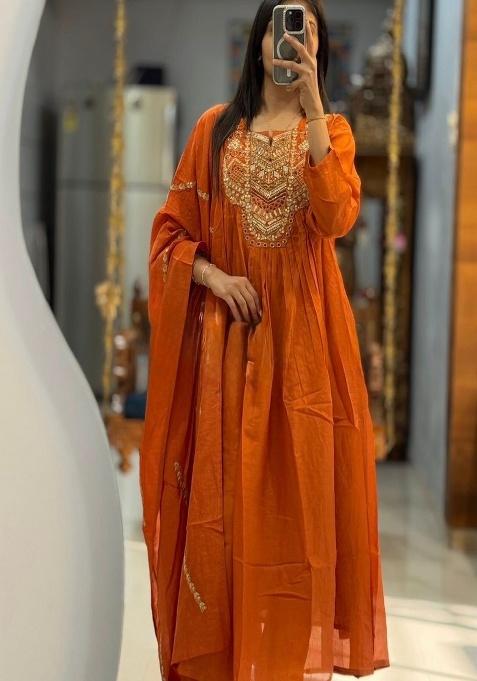 Orange Embroidered Cotton Anarkali Set