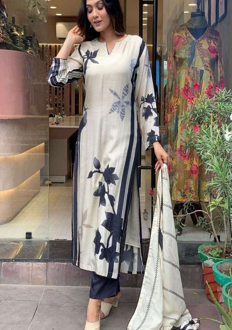White Floral Print Cotton Straight Kurta Set - Indya