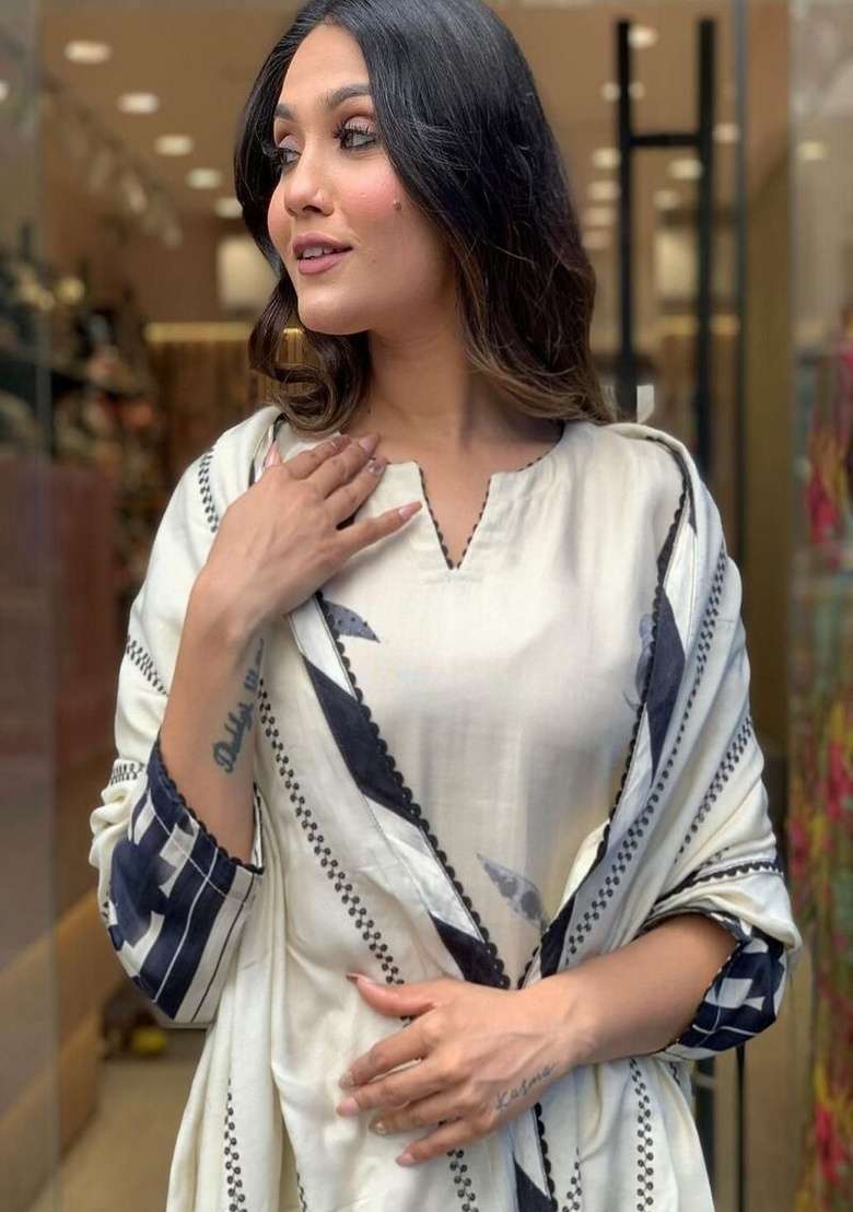 White Floral Print Cotton Straight Kurta Set - Indya