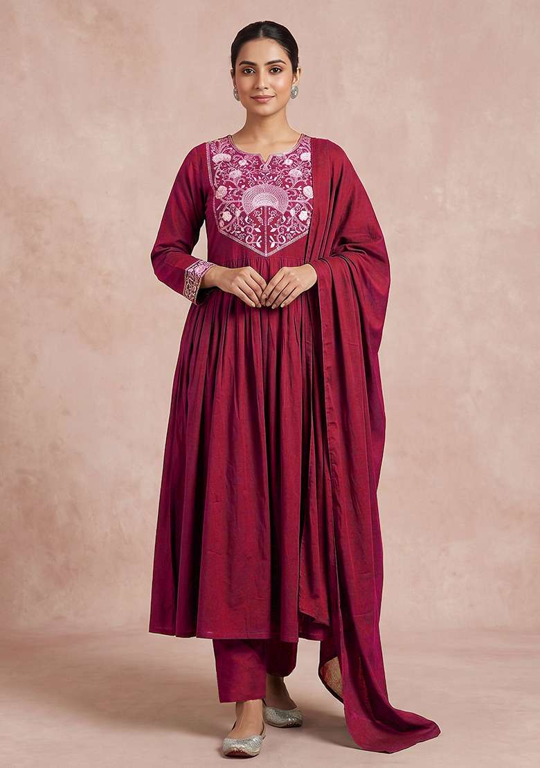 Red Embroidered Cotton Anarkali Set - Indya