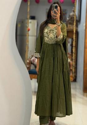 Green Embroidery Cotton Kurta Set