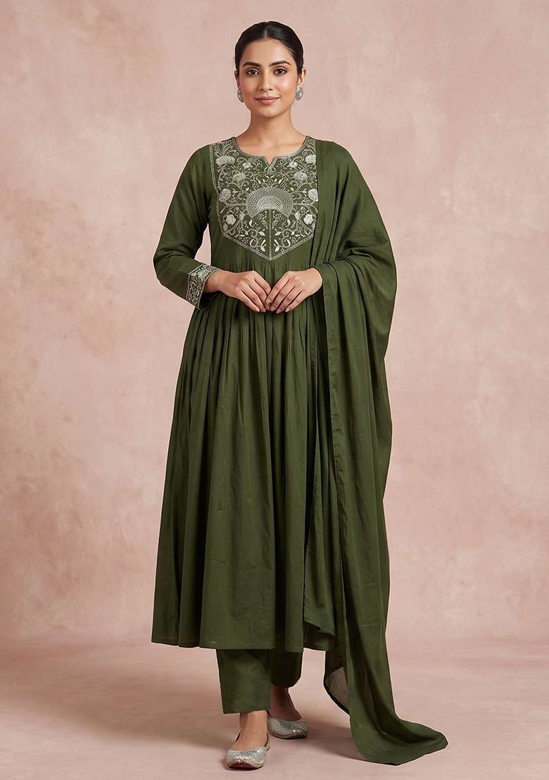 Green Embroidered Cotton Anarkali Set - Indya