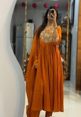 Orange Embroidery Cotton Kurta Set