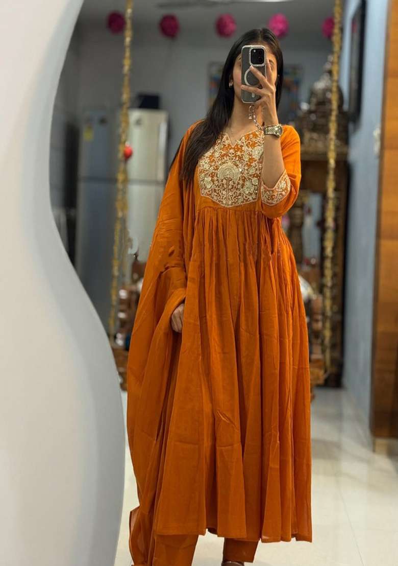 Orange Embroidered Cotton Anarkali Set - Indya