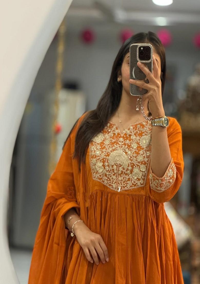 Orange Embroidery Cotton Kurta Set - Indya