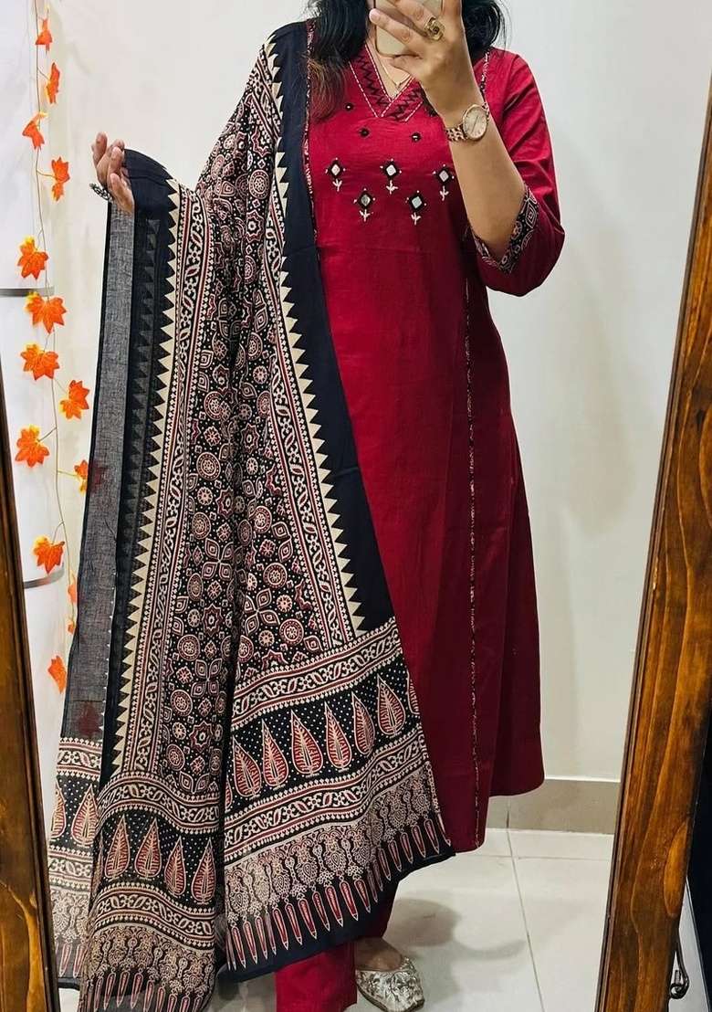 Red Embroidered Cotton A Line Kurta Set - Indya