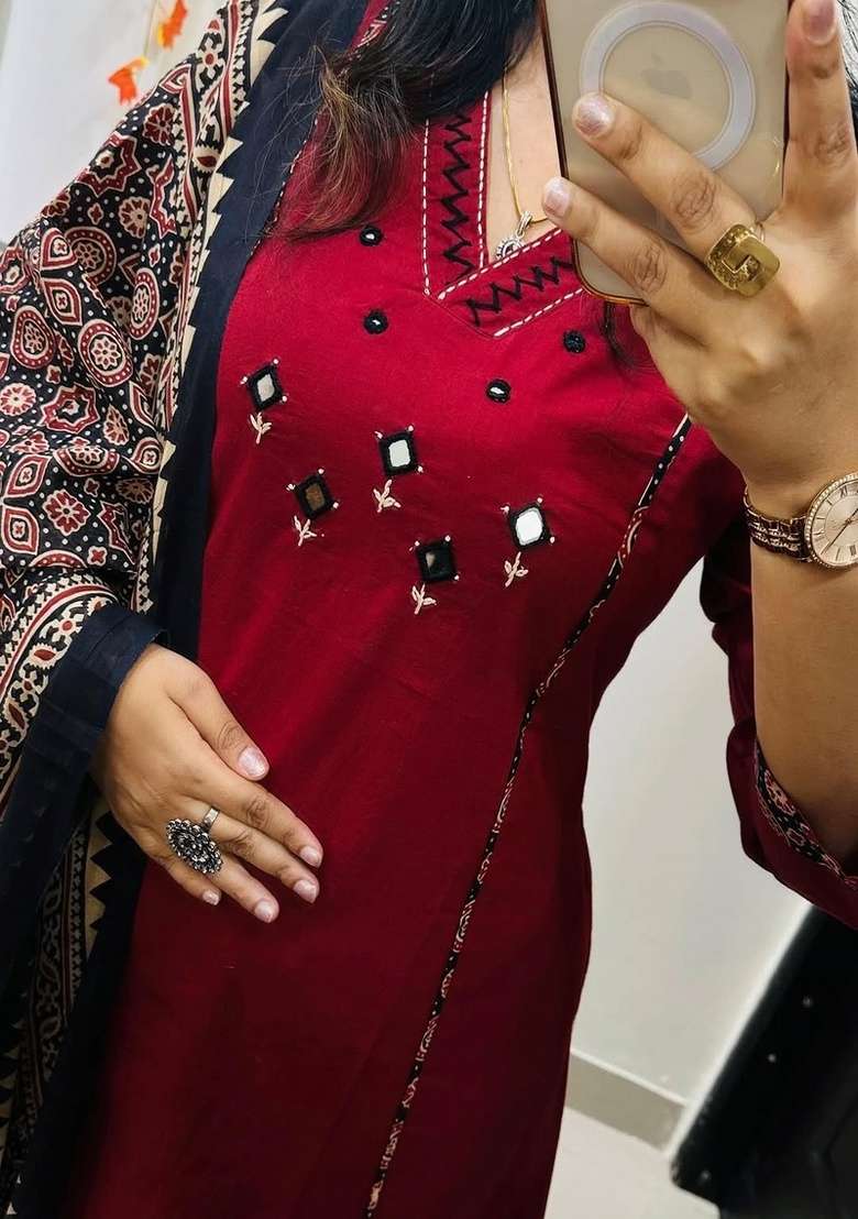 Red Embroidered Cotton A Line Kurta Set - Indya