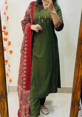 Green Embroidery Cotton Kurta Set