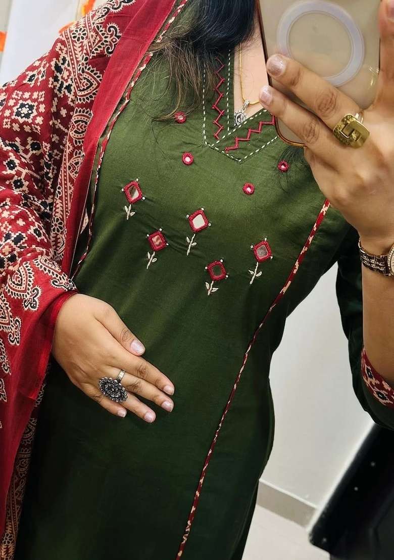 Green Embroidered Cotton A Line Kurta Set - Indya
