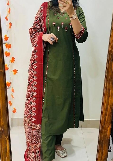 Green Embroidery Cotton Kurta Set