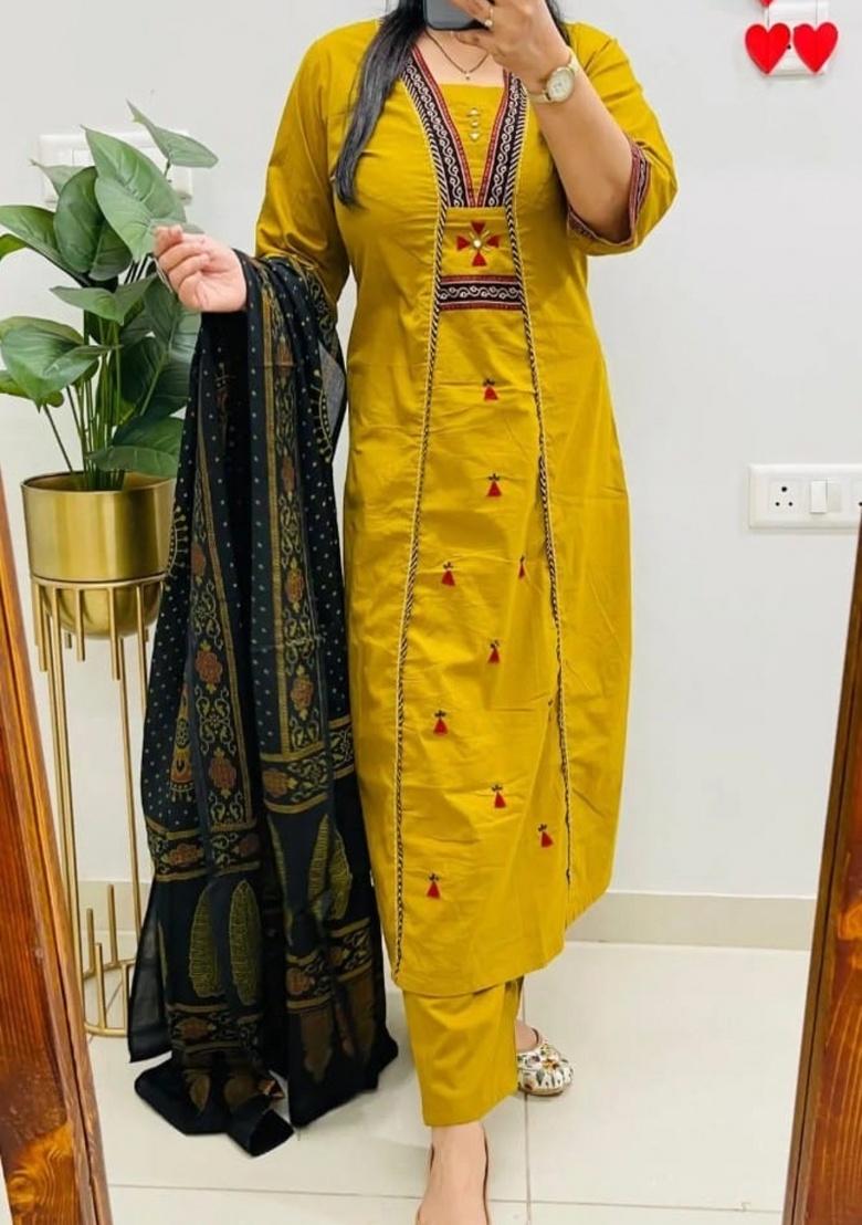 Yellow Embroidery Cotton Kurta Set - Indya