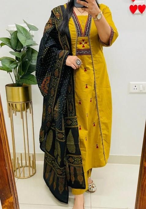 Yellow Embroidery Cotton Kurta Set