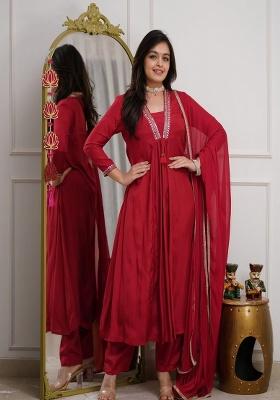 Red Embroidery Cotton Kurta Set