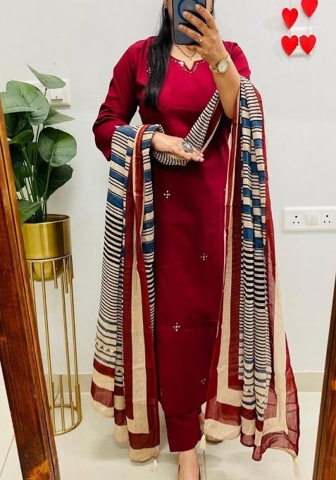 Red Embroidery Cotton Kurta Set