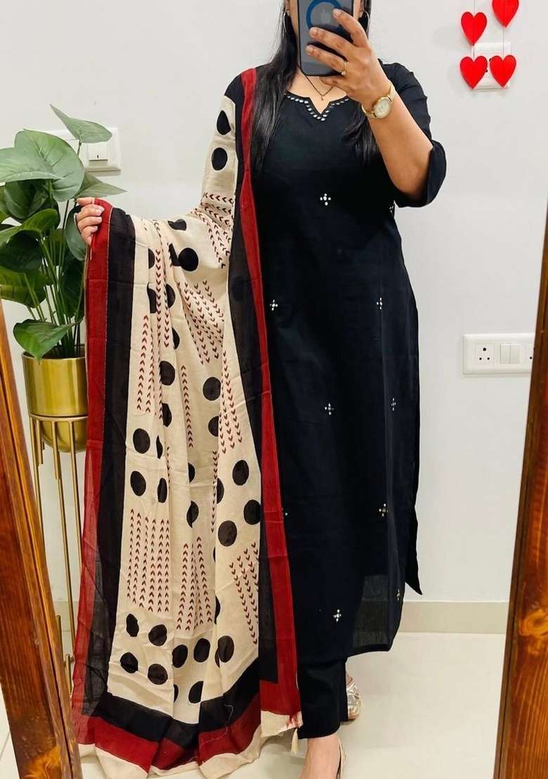 Black Embroidered Cotton Straight Kurta Set - Indya