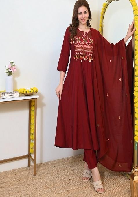 Red Embroidery Cotton Kurta Set