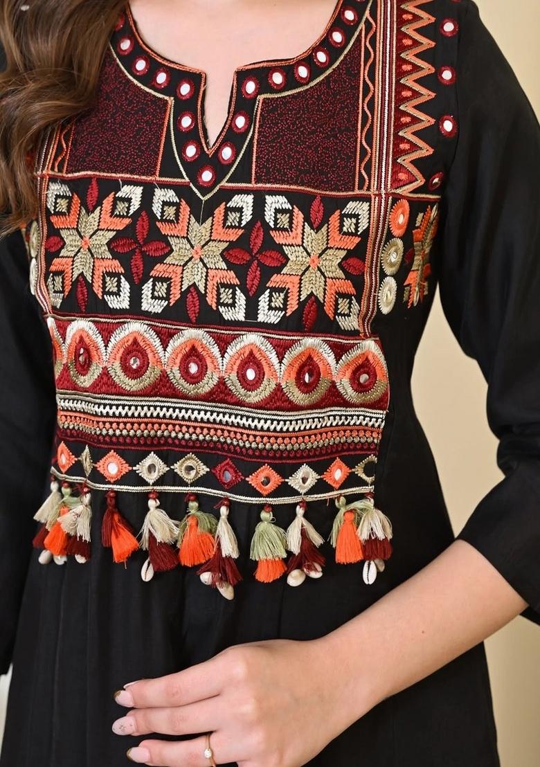 Black Embroidery Cotton Kurta Set - Indya