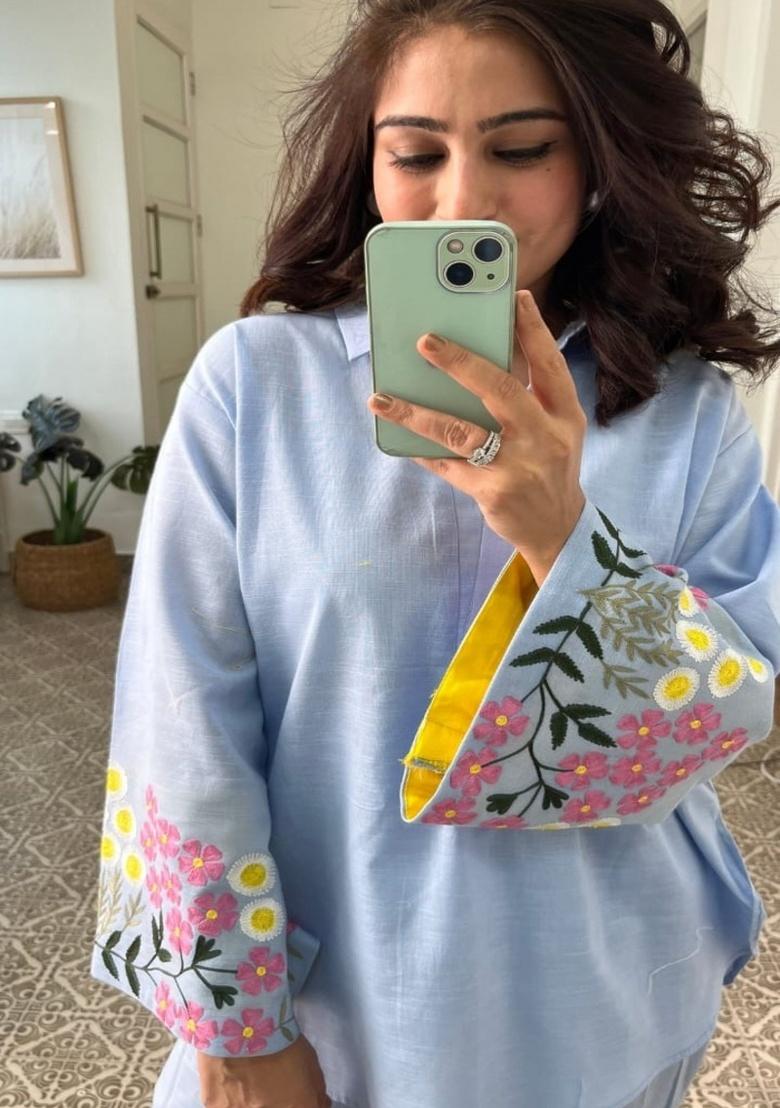 Purple Embroidery Cotton Kurta Set - Indya