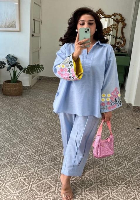 Purple Embroidery Cotton Kurta Set