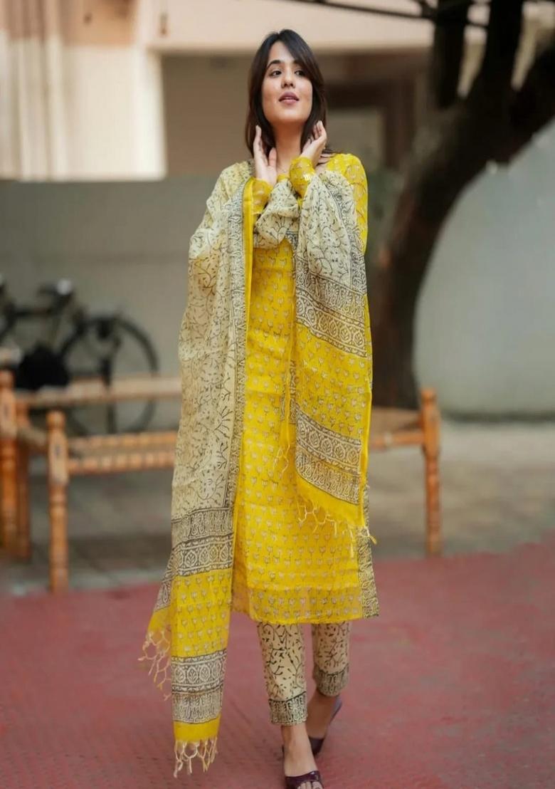 Yellow Embroidery Cotton Kurta Set - Indya