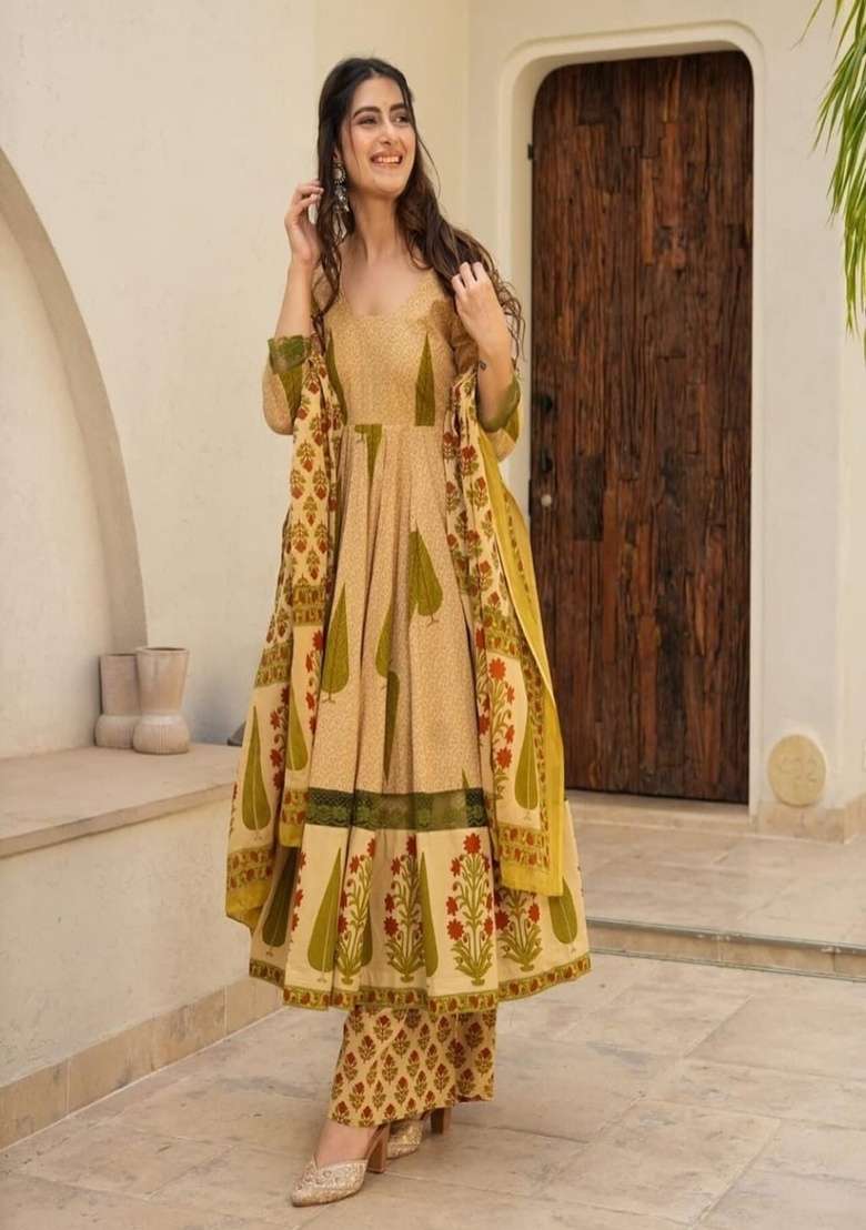 Brown Floral Print Cotton Anarkali Set - Indya