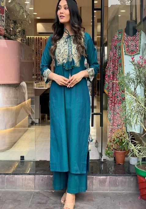 Blue Embroidery Cotton Kurta Set
