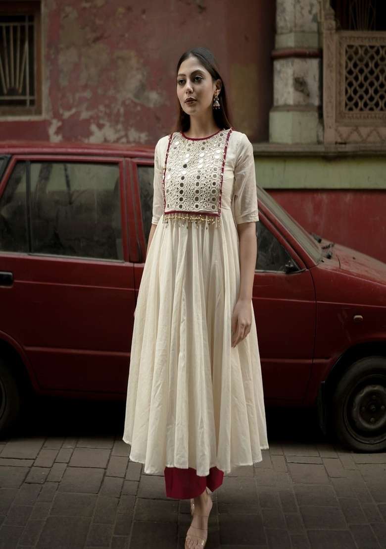Cream Embroidered Cotton A Line Kurta Set - Indya